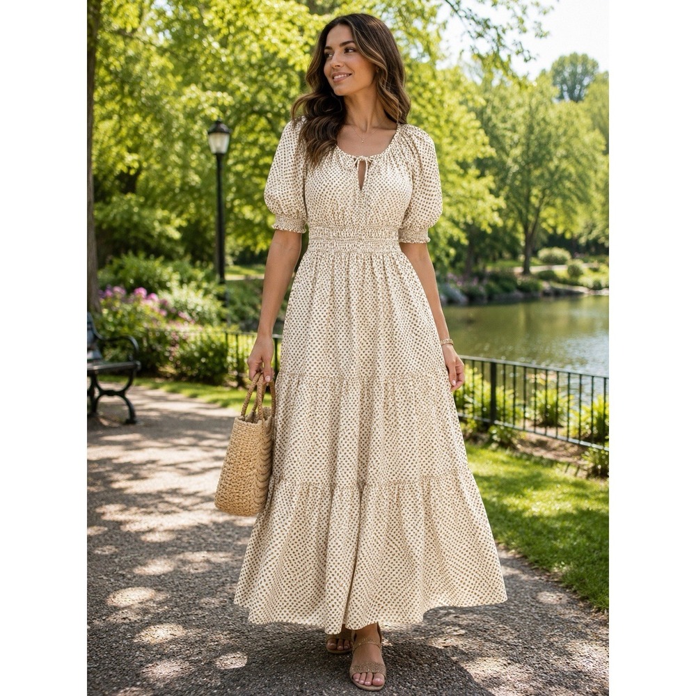 Anthropologie Somerset Dress M Ivory Gold Cottagecore Boho Prairie Maxi - Picture 2 of 9
